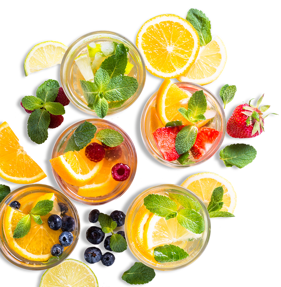 Several glasses of BarBox cocktails with mint and berries